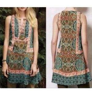 Anthropologie Tolani Reva Silk Tunic Dress Sm Orange Green Elephant Tribal